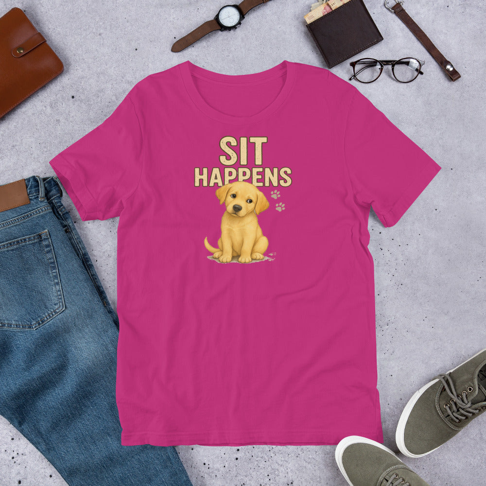"Sit Happens " – Fun Labrador T-Shirt Pink t-shirt with a dog graphic and 'Sit Happens' text on a gray surface with casual items.