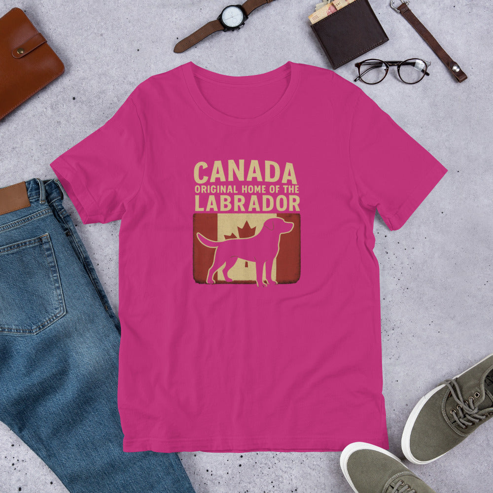 Canada – Original Home of the Labrador - Fun Labrador Tee Pink t-shirt with Labrador graphic and text on a gray surface with casual items.