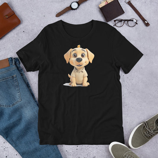 "Smiling Labrador Sitting" - Fun Labrador T-Shirt Black t-shirt with a cartoon dog design on a gray surface with jeans, shoes, and accessories.