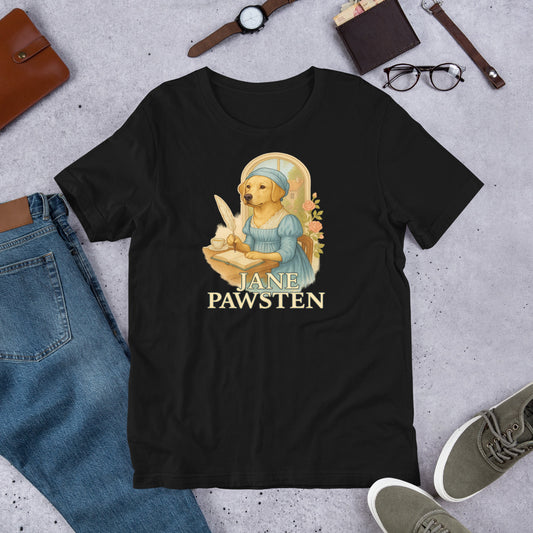 "Jane Pawsten" - Fun Labrador T-Shirt Black t-shirt with 'Jane Pawsten' graphic design on a gray surface with jeans, shoes, and accessories.