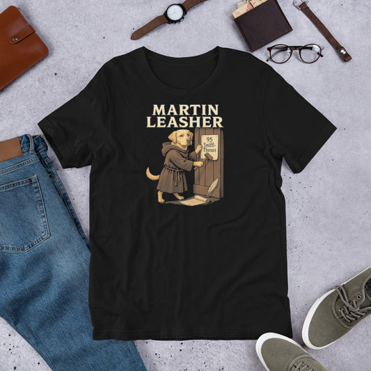 "Martin Leasher" - Fun Labrador T-Shirt Black t-shirt with 'Martin Leasher' graphic on a gray surface with jeans, shoes, and accessories.