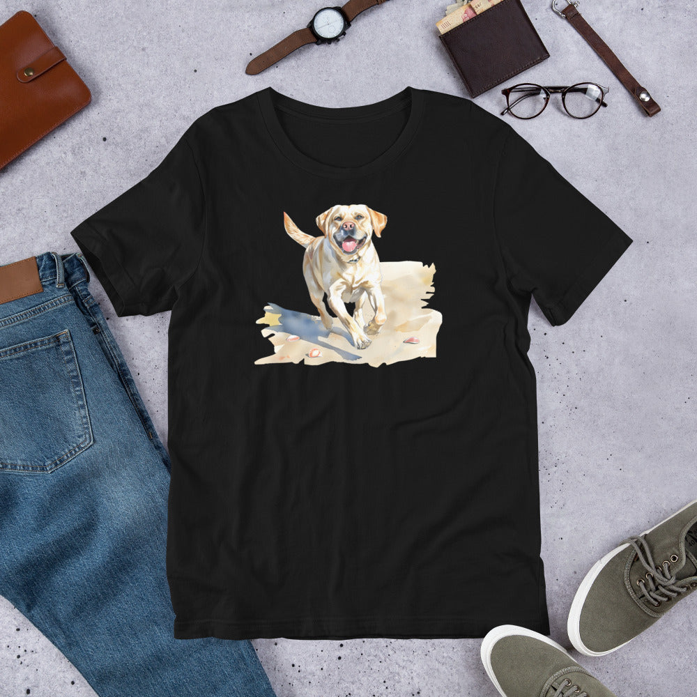 "Lab On A Beach  " - Fun Labrador T-Shirt Black t-shirt with a dog graphic on a gray surface with jeans, shoes, and accessories.