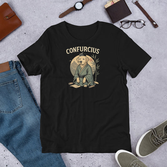 "Confurcius " – Fun Labrador T-Shirt Black t-shirt with Confucius graphic on a gray surface with jeans, shoes, and accessories.
