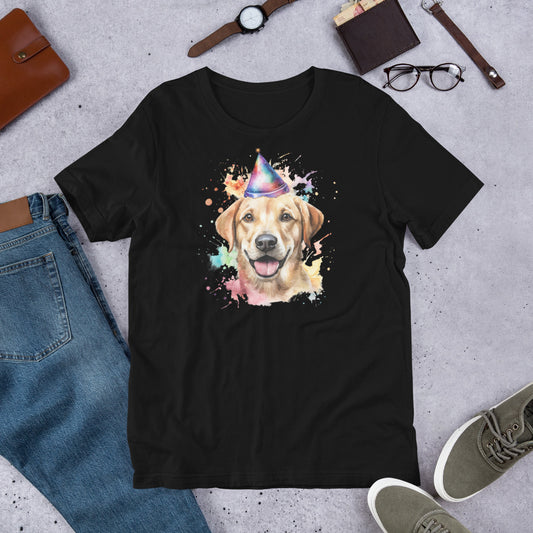"Party Hat Lab " – Fun Labrador T-Shirt Black t-shirt with a dog wearing a party hat graphic on a gray surface with jeans, shoes, and accessories.