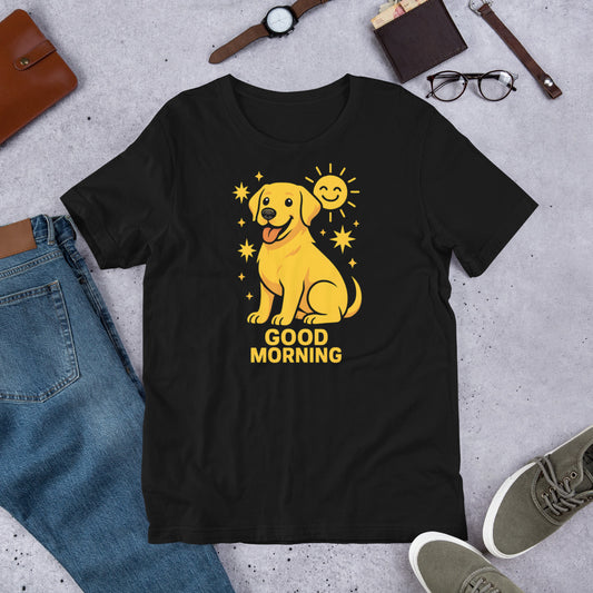 "Good Morning " – Fun Labrador T-Shirt Black t-shirt with a yellow dog graphic and 'Good Morning' text, surrounded by casual items on a concrete surface.