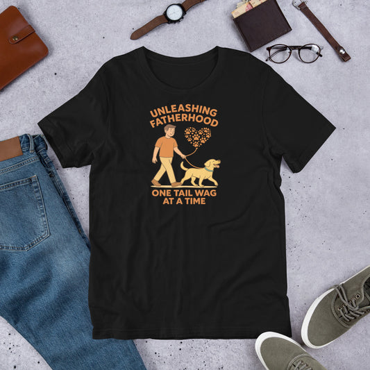 "Unleashing Fatherhood " – Fun Labrador T-Shirt Black t-shirt with a graphic and text on a concrete surface with jeans, shoes, and accessories.