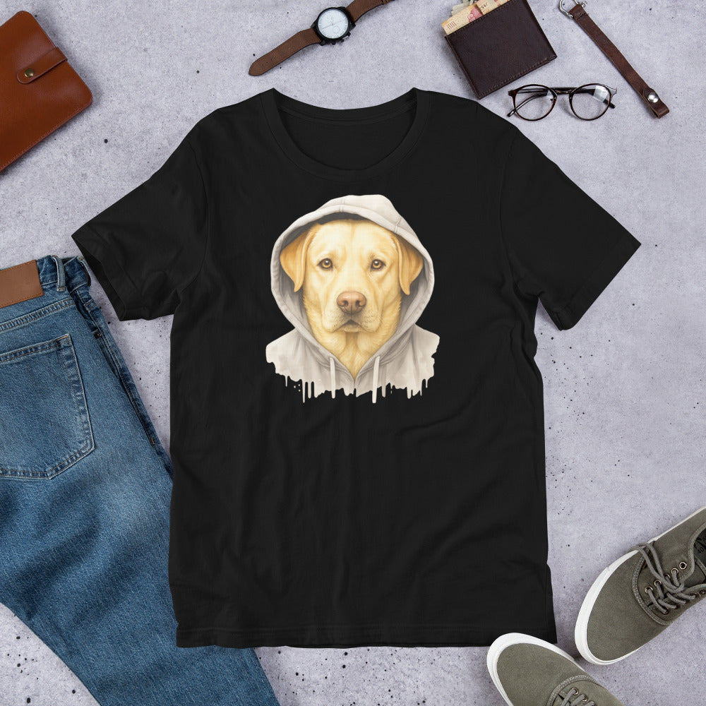 "Yellow Labrador In A Hoodie " – Fun Labrador T-Shirt Black t-shirt with a dog wearing a hoodie graphic, surrounded by jeans, shoes, and accessories on a concrete surface.