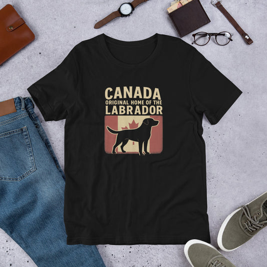 Canada – Original Home of the Labrador - Fun Labrador Tee Black t-shirt with Labrador graphic and text on a concrete surface with casual items.