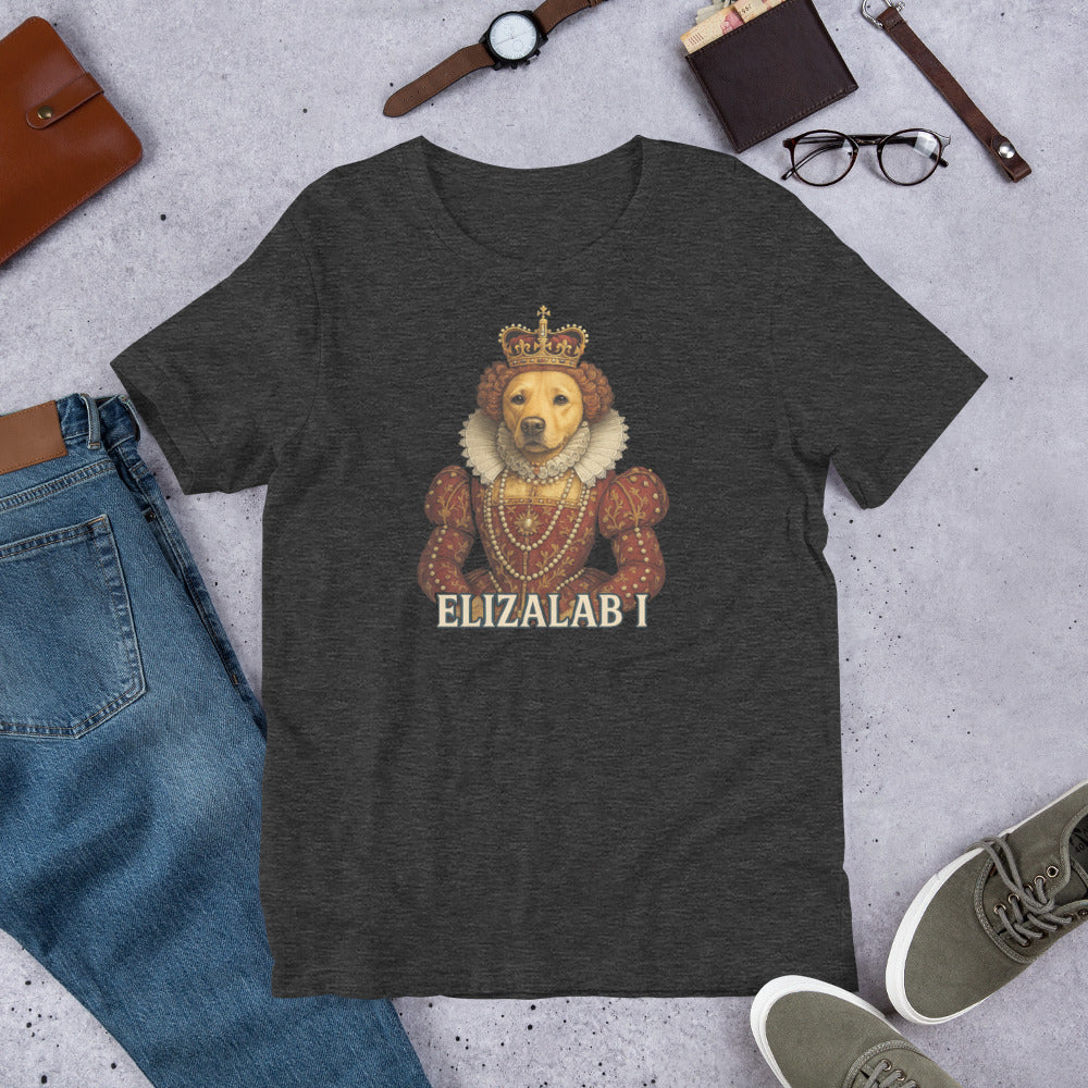 "Elizalab 1 " – Fun Labrador T-Shirt Dark gray t-shirt with a lion wearing a crown and jewels graphic and 'ELIZALAB I' text, surrounded by jeans, shoes, and accessories on a concrete surface.