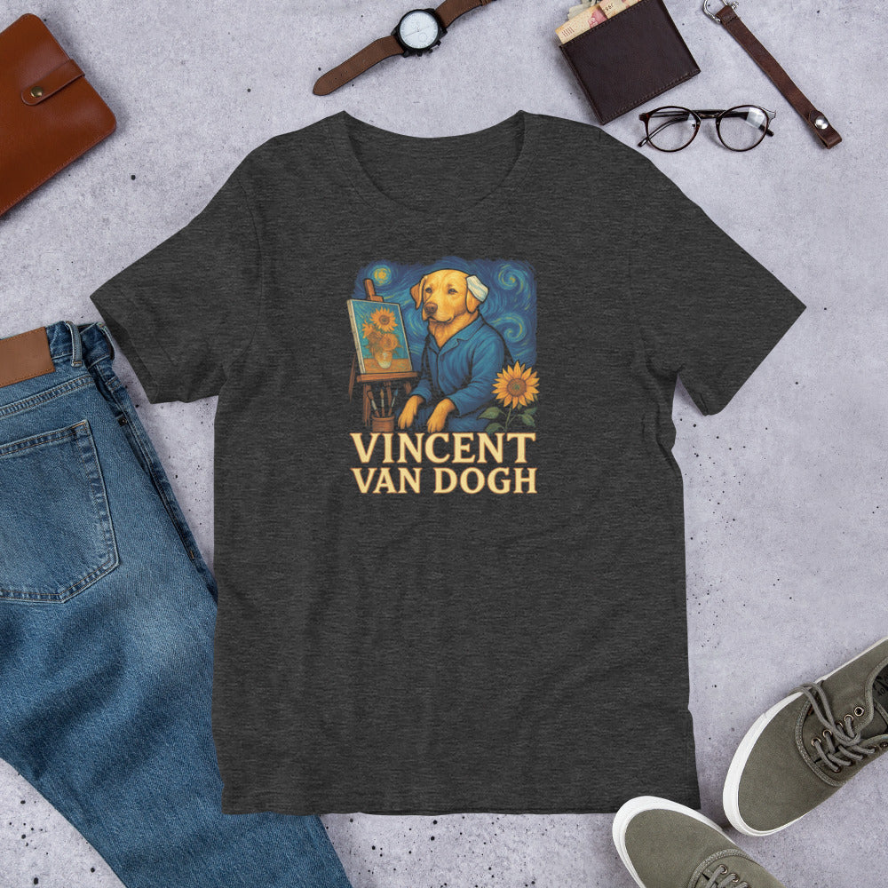 "Vincent Van Dogh " – Fun Labrador T-Shirt Dark gray t-shirt with 'Vincent Van Dogh' graphic design on a concrete surface with jeans, shoes, and accessories.