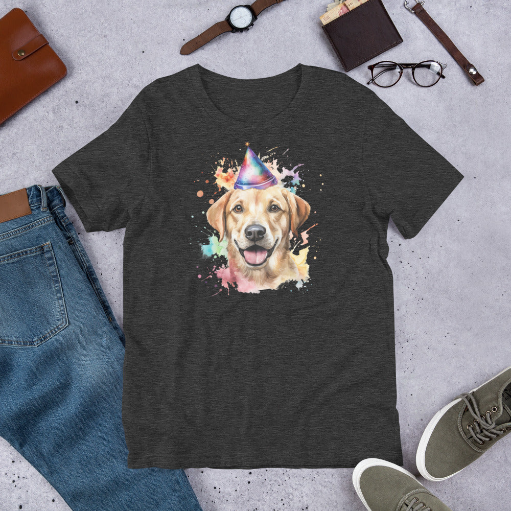 "Party Hat Lab " – Fun Labrador T-Shirt Dark gray t-shirt with a dog wearing a party hat graphic, surrounded by jeans, shoes, and accessories on a concrete surface.