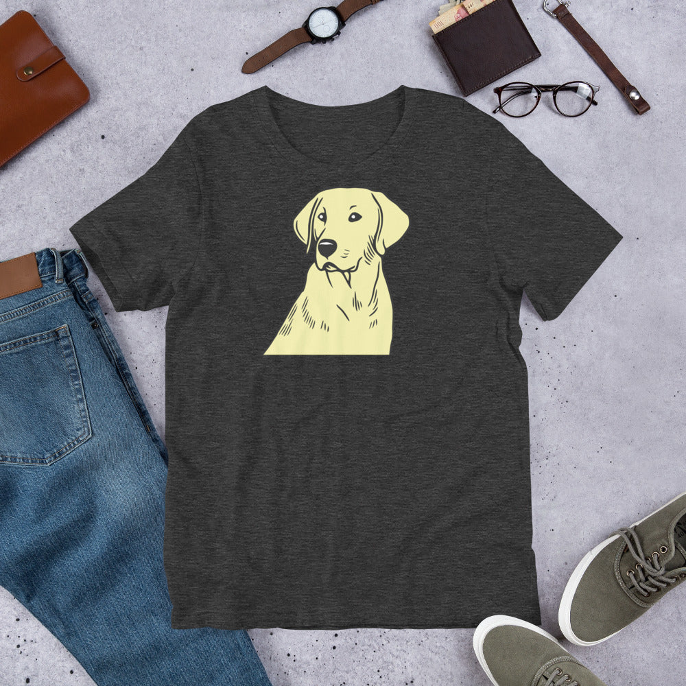 "Labrador Outline " – Fun Labrador T-Shirt Dark gray t-shirt with yellow dog graphic on a concrete surface with jeans, shoes, and accessories.