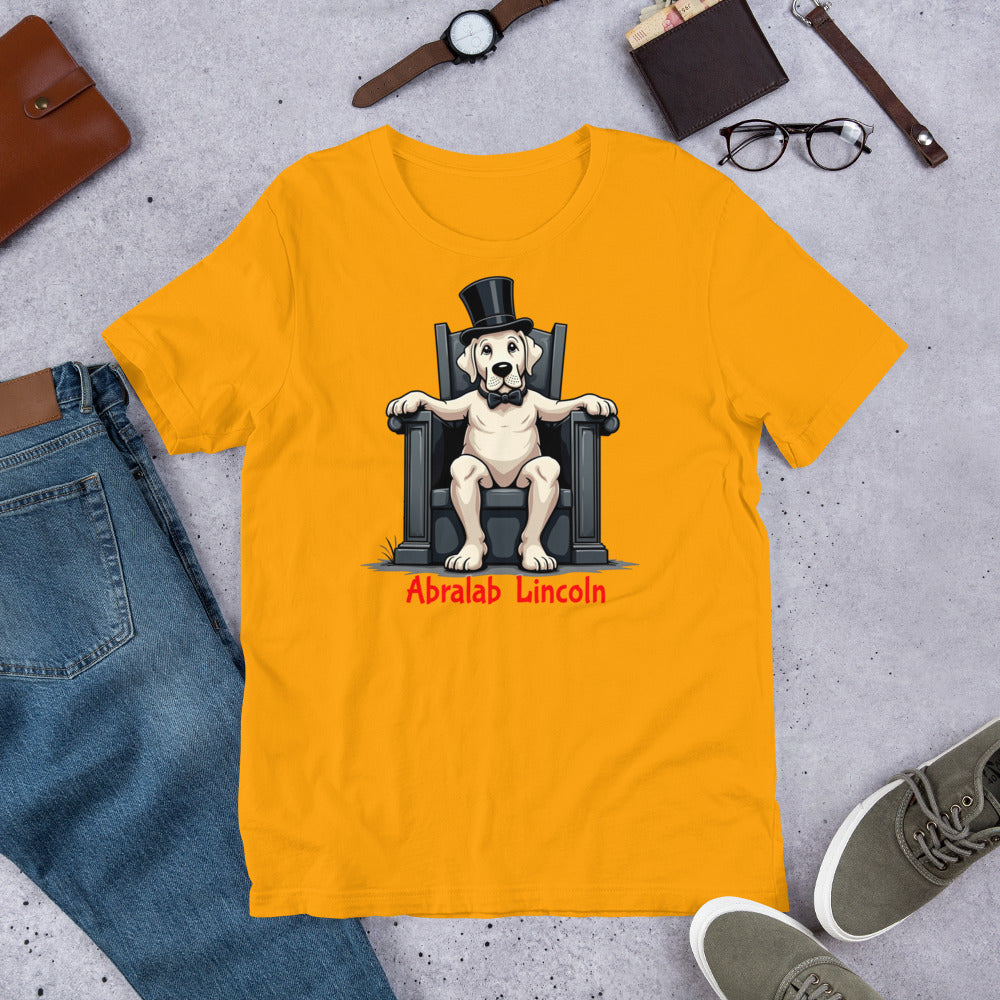Yellow t-shirt with a dog in a top hat graphic and 'AbraLab Lincoln' text, surrounded by jeans, shoes, and accessories on a concrete surface. T-shirt with bold black text that says “Abralab Lincoln,” styled flat with jeans, shoes, and a hat. A playful Labrador lover shirt and perfect gift for Labrador owners who appreciate humor.