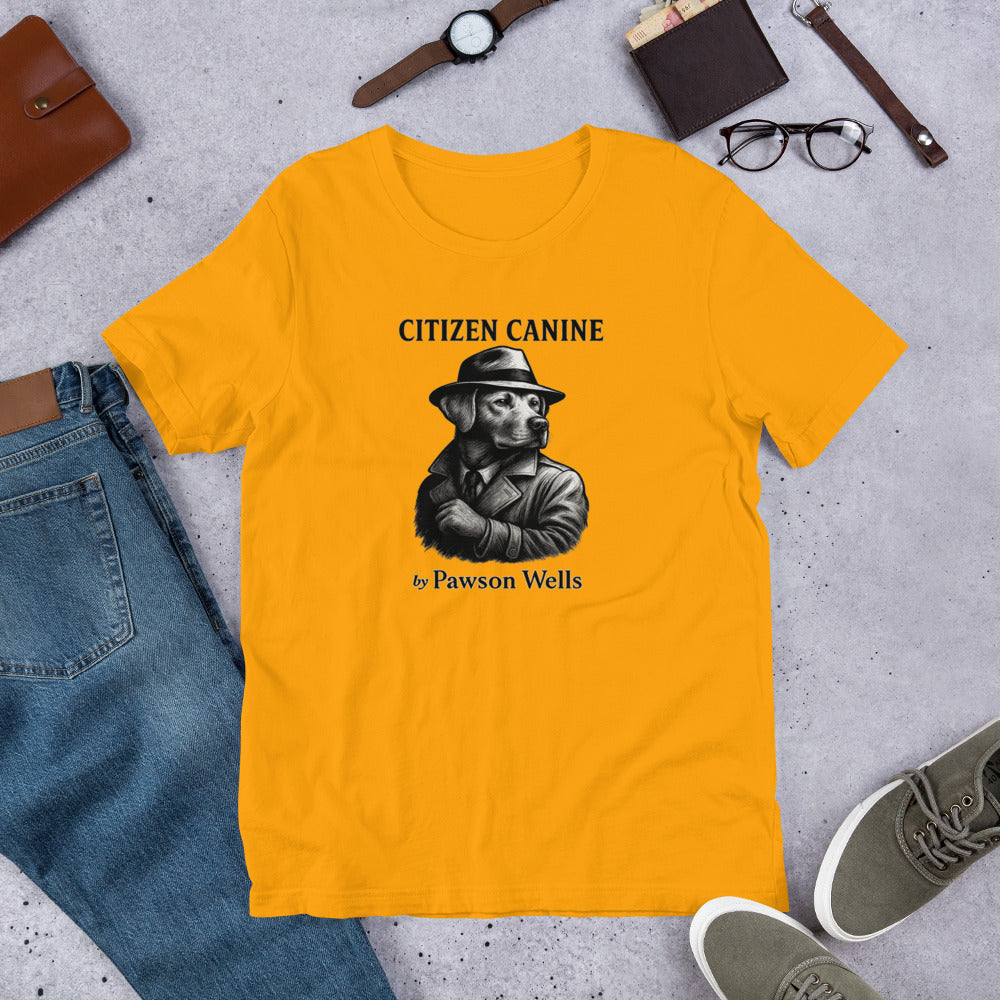"Citizen Canine" - Fun Labrador T-Shirt Yellow t-shirt with 'Citizen Canine' graphic on a concrete surface with jeans, shoes, and accessories.