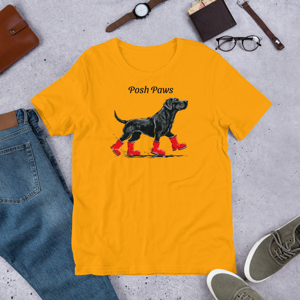 "Posh Paws" - Fun Labrador T-Shirt Yellow t-shirt with a dog graphic and 'Posh Paws' text on a concrete surface with jeans, shoes, and accessories.