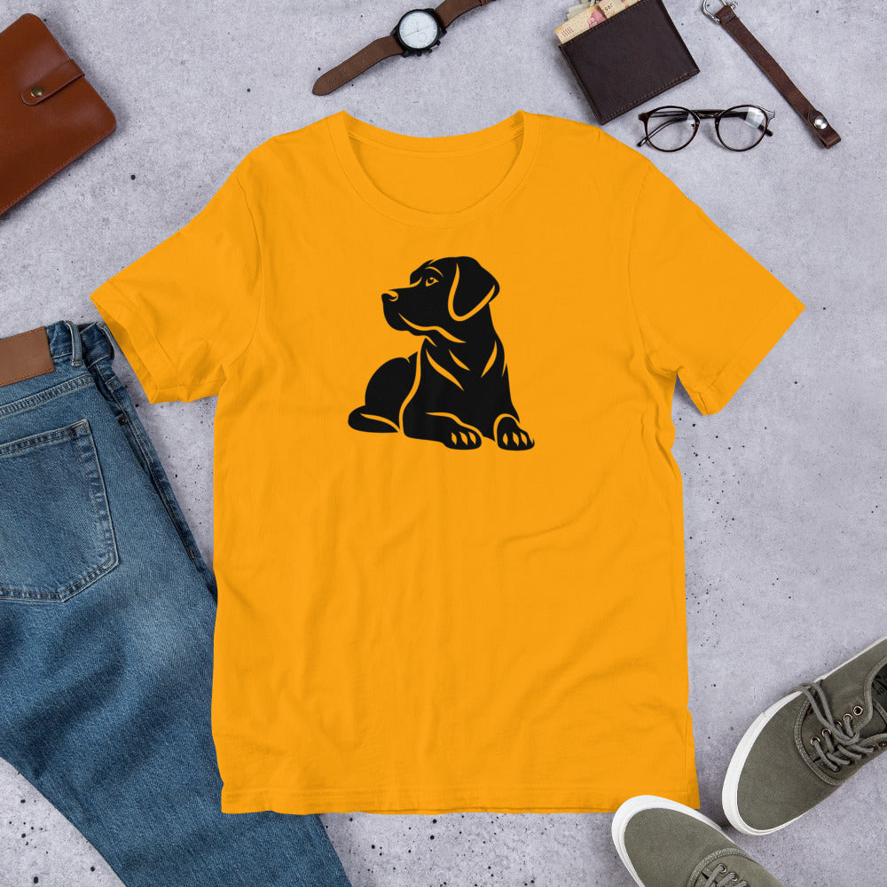 "Black Lab Lying Down " – Fun Labrador T-Shirt Yellow t-shirt with a black dog graphic on a gray surface with jeans, shoes, and accessories.