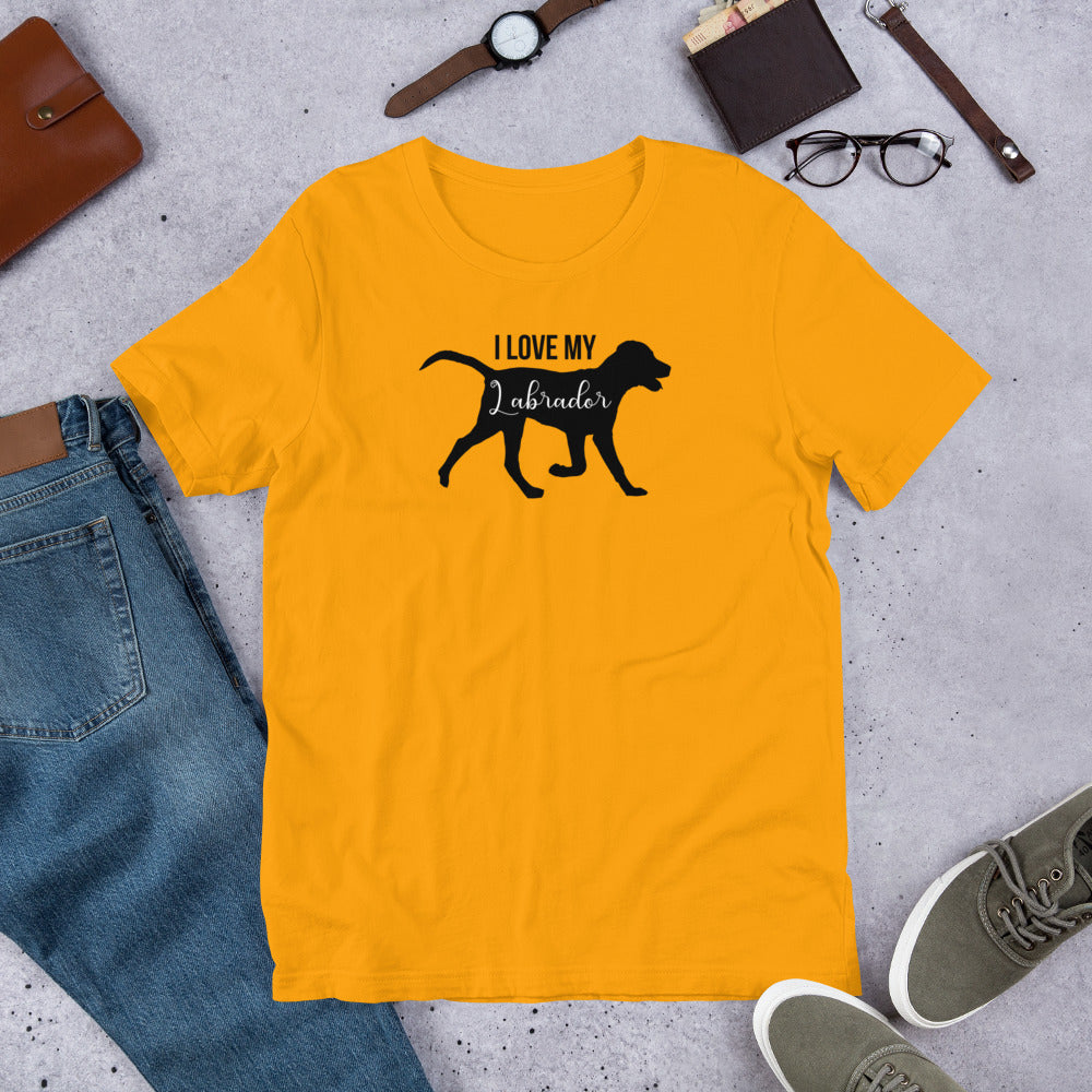 "I Love My Labrador " – Fun Labrador T-Shirt Yellow t-shirt with 'I Love My Labrador' design on a concrete surface with jeans, shoes, and accessories.
