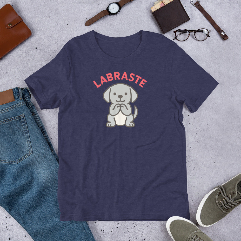 "Labraste Grey Lab" - Fun Labrador  T-Shirt Navy blue t-shirt with a dog graphic and 'LABRASTE' text on a concrete surface with jeans, shoes, and accessories.