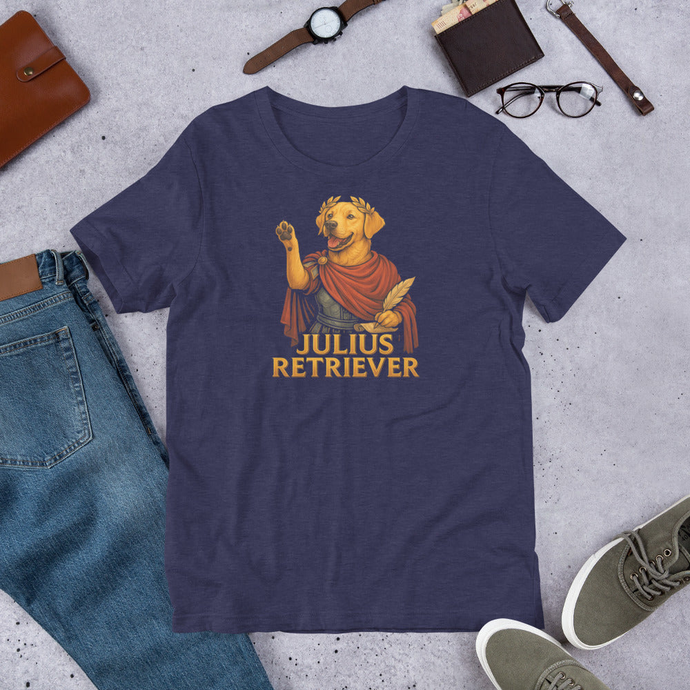 "Julius Retriever" - Funny Labrador T-Shirt Navy blue t-shirt with 'Julius Retriever' graphic on a concrete surface with jeans, shoes, and accessories.
