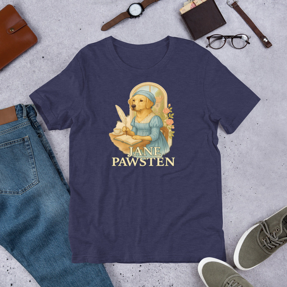"Jane Pawsten" - Fun Labrador T-Shirt Navy blue t-shirt with 'Jane Pawsten' graphic on a concrete surface with jeans, shoes, and accessories.