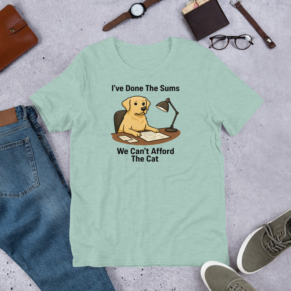 "I've Done The Sums" - Fun Labrador T-Shirt  Light green t-shirt with a dog graphic and text on a gray surface with jeans, shoes, and accessories.