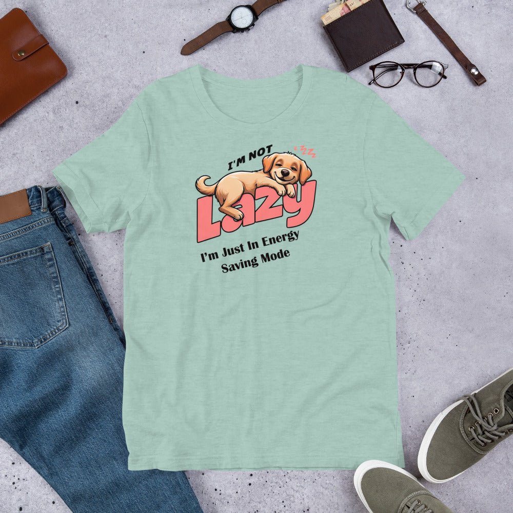 "I'm Not Lazy" - Fun Labrador T-Shirt Mint green t-shirt with a dog graphic and text on a gray surface with jeans, shoes, and accessories.