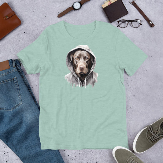 "Brown Lab in A Hoodie  " - Fun Labrador T-Shirt Mint green t-shirt with a dog wearing a hoodie graphic, surrounded by jeans, shoes, and accessories on a gray surface.