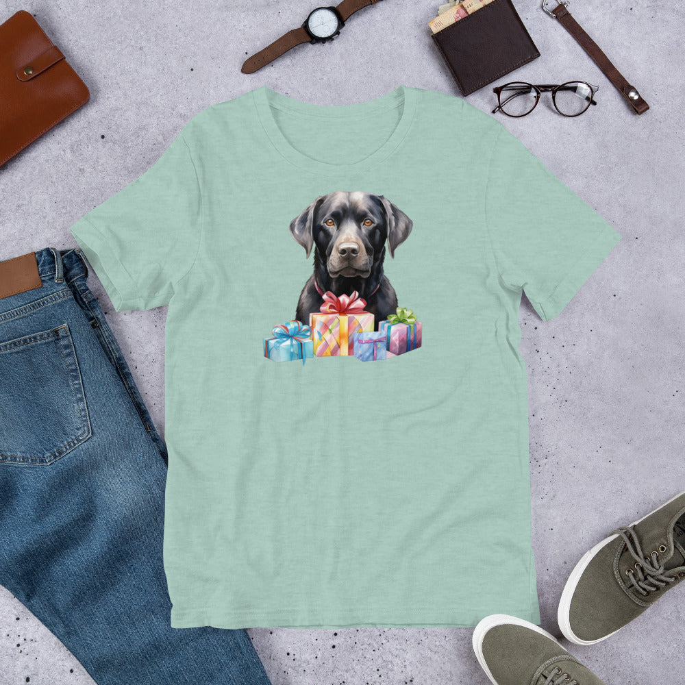"Black Lab With Presents " – Fun Labrador T-Shirt Mint green t-shirt with a dog and gift boxes design, placed on a concrete surface with jeans, shoes, and accessories.