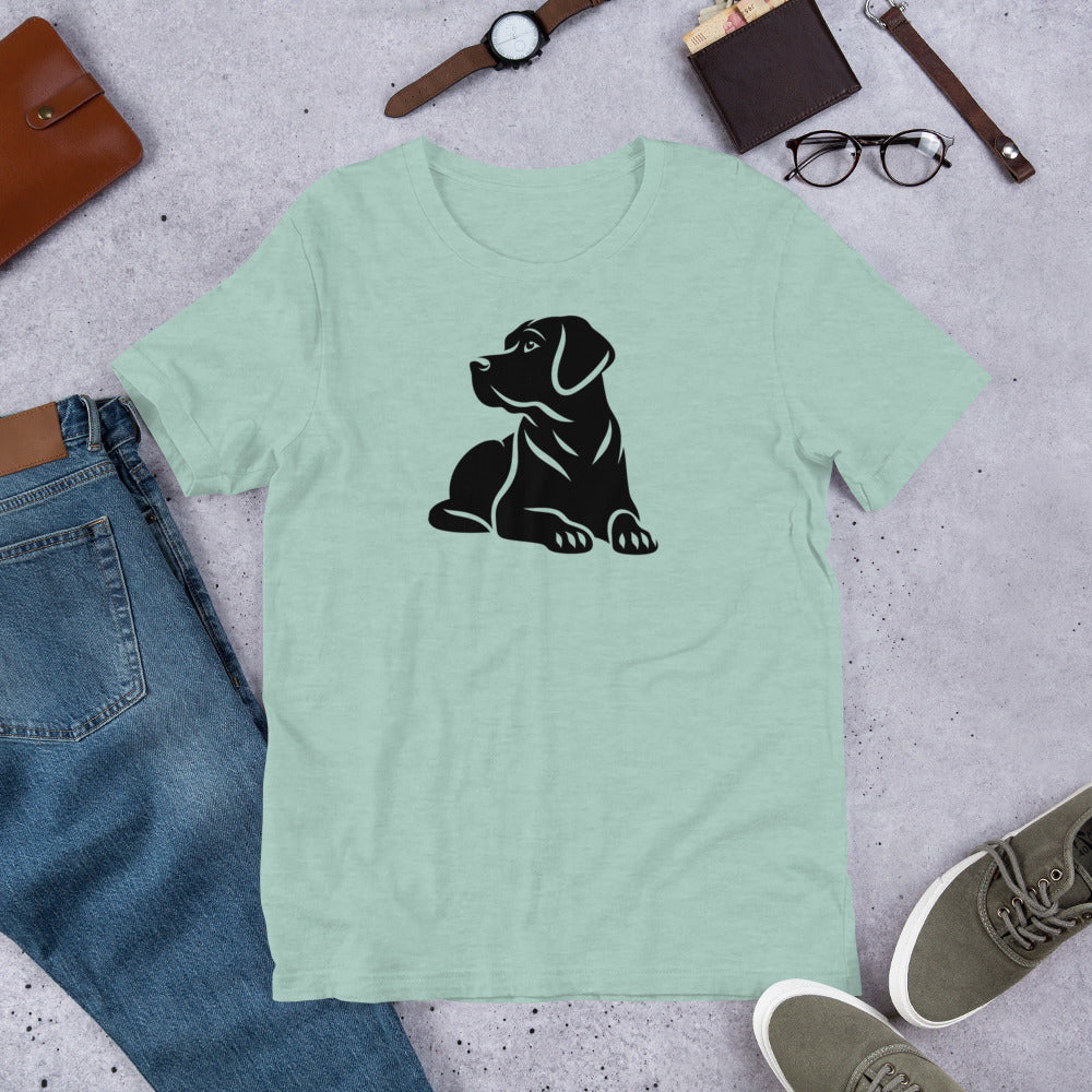"Black Lab Lying Down " – Fun Labrador T-Shirt Light green t-shirt with black dog graphic on a gray surface with jeans, shoes, and accessories.