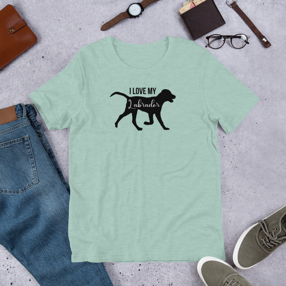 "I Love My Labrador " – Fun Labrador T-Shirt Light green t-shirt with 'I love my Labrador' design on a gray surface with jeans, shoes, and accessories.