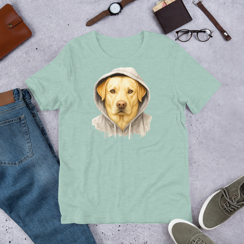 "Yellow Labrador In A Hoodie " – Fun Labrador T-Shirt Mint green t-shirt with a dog wearing a hoodie graphic, surrounded by jeans, shoes, and accessories on a gray surface.