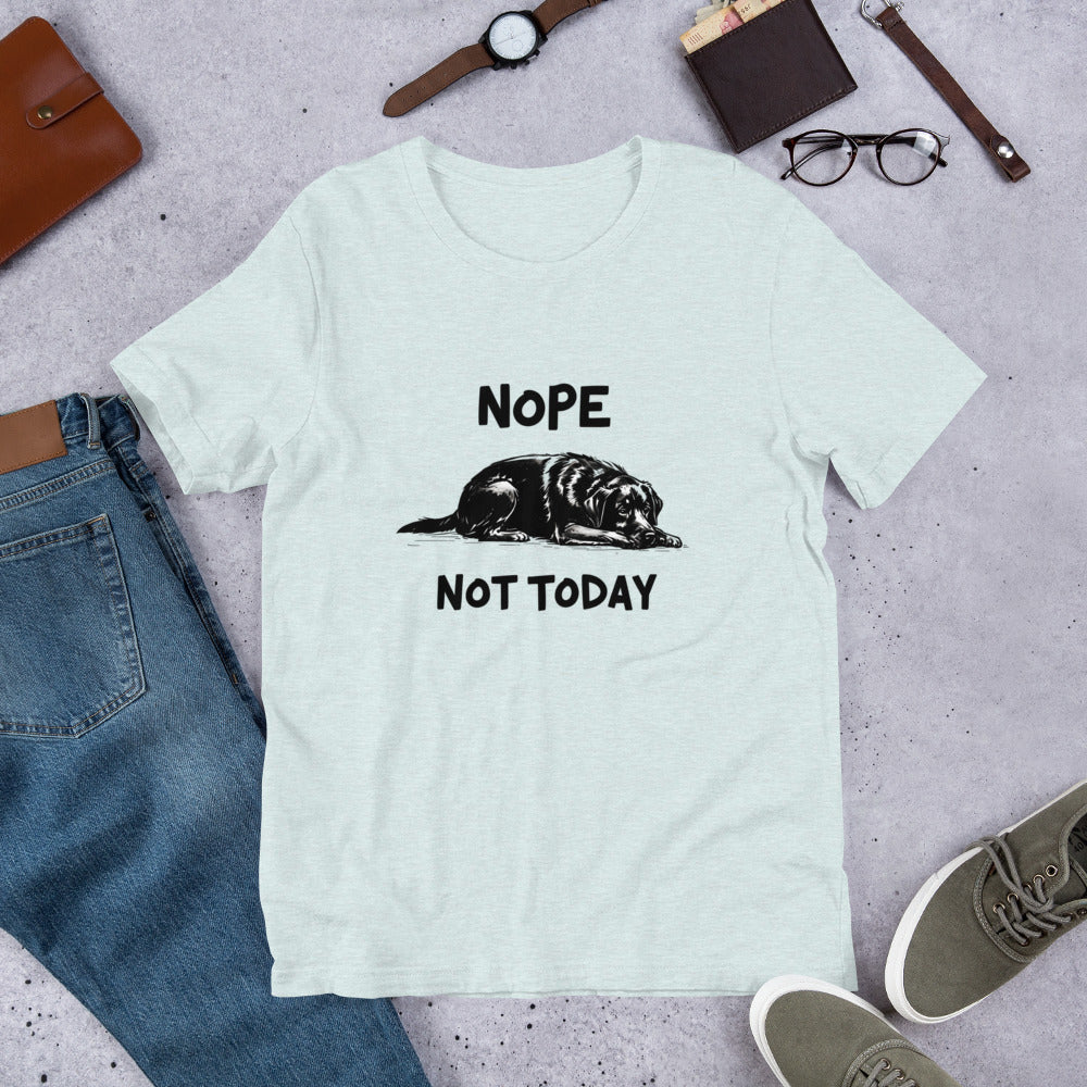 Yellow t-shirt with an illustration of a sleeping black Labrador and the text “Nope Not Today.” Laid out flat with sneakers and accessories. A fun gift for Labrador owners and dog parent apparel fans.