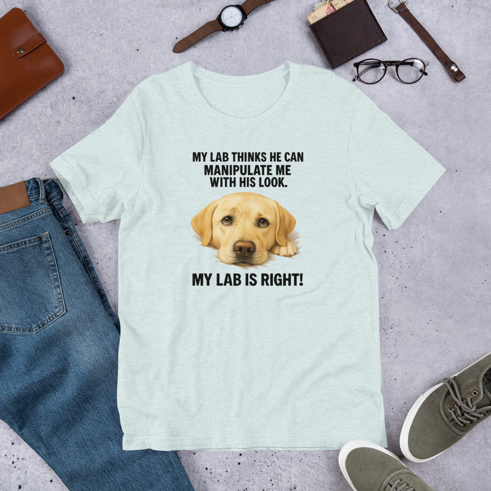 "My Dog Thinks" - Yellow Lab - Fun Labrador T-Shirt Light blue t-shirt with a dog graphic and text on a gray surface with jeans, shoes, and accessories.
