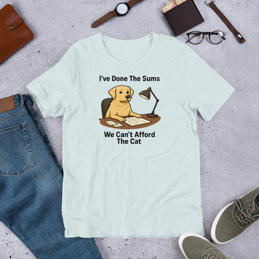 "I've Done The Sums" - Fun Labrador T-Shirt Light blue t-shirt with a dog graphic and text on a gray surface with jeans, shoes, and accessories.