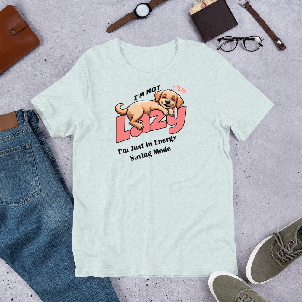 "I'm Not Lazy" - Fun Labrador T-Shirt Light blue t-shirt with a dog graphic and text on a gray surface with jeans, shoes, and accessories.