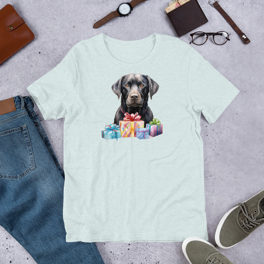 "Black Lab With Presents " – Fun Labrador T-Shirt Light blue t-shirt with a dog and gift boxes design, surrounded by jeans, shoes, and accessories on a gray surface.
