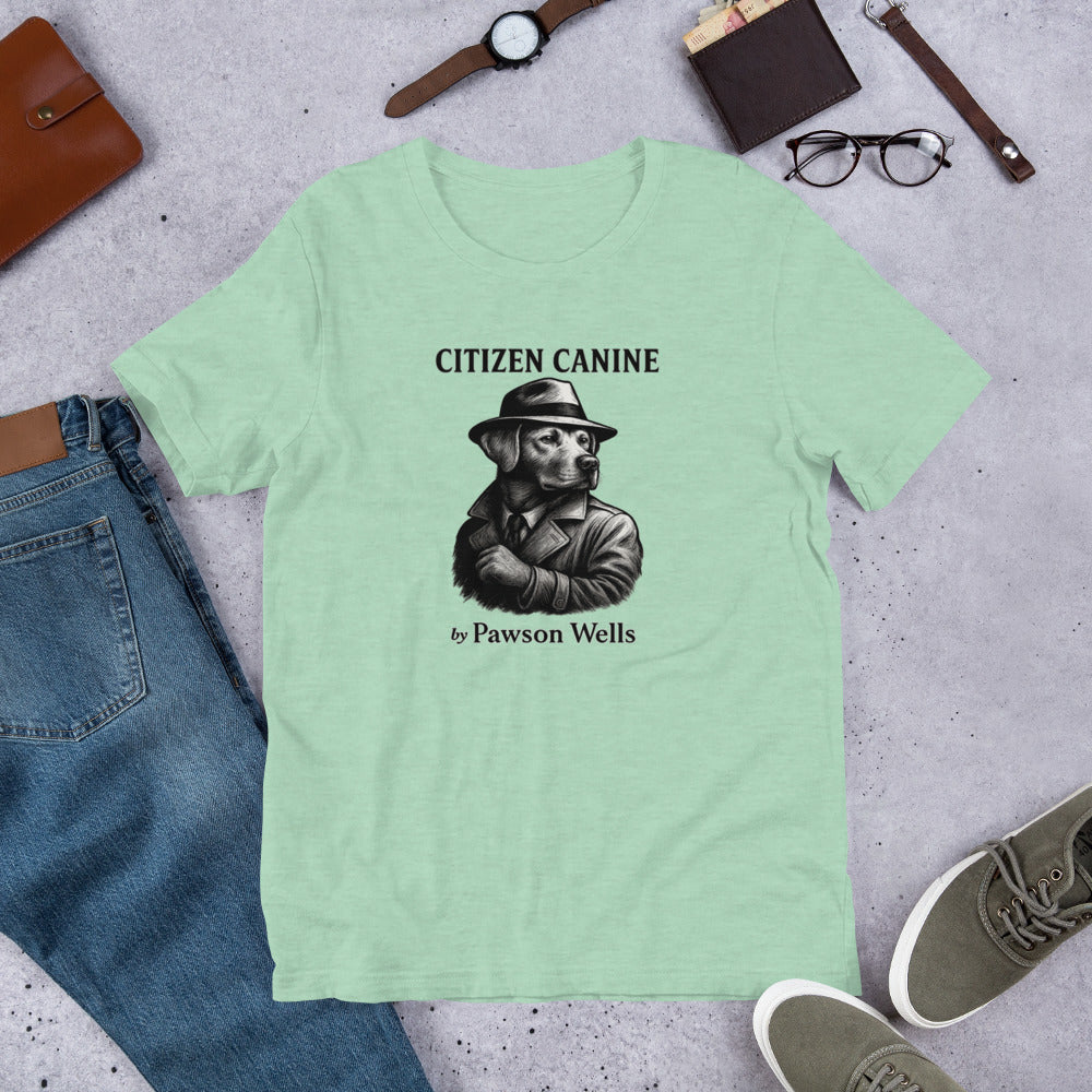 "Citizen Canine" - Fun Labrador T-Shirt Light green t-shirt with 'Citizen Canine' graphic and text on a gray surface with jeans, shoes, and accessories.