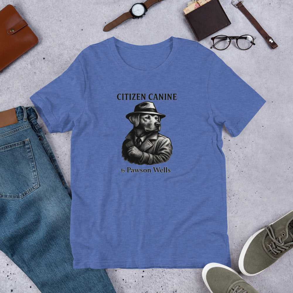 "Citizen Canine" - Fun Labrador T-Shirt Blue t-shirt with 'Citizen Canine' graphic on a concrete surface with jeans, shoes, and accessories.