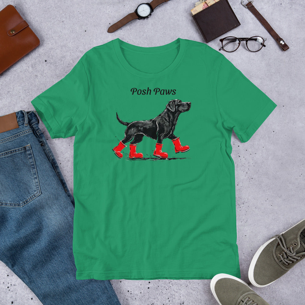 "Posh Paws" - Fun Labrador T-Shirt Green t-shirt with a dog graphic and 'Posh Paws' text, surrounded by jeans, shoes, and accessories on a concrete surface.