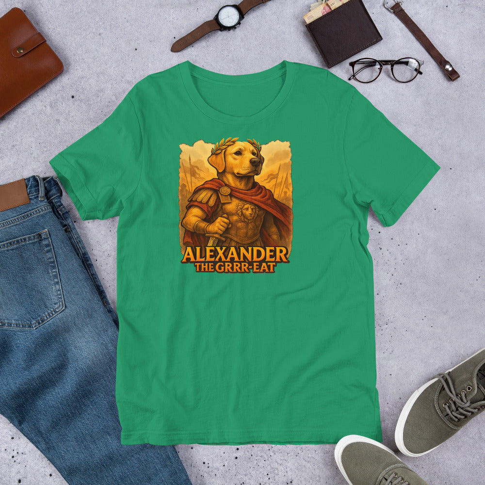 "Alexander The Grrr eat " – Fun Labrador T-Shirt Green t-shirt with a graphic of a dog in armor and text 'Alexander The Grrr-reat' on a concrete surface with casual items.