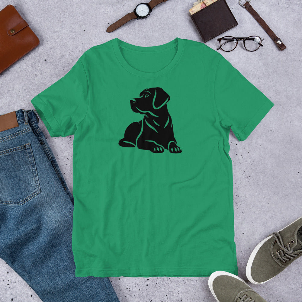 "Black Lab Lying Down " – Fun Labrador T-Shirt Green t-shirt with a black dog graphic on a gray surface with jeans, shoes, and accessories.