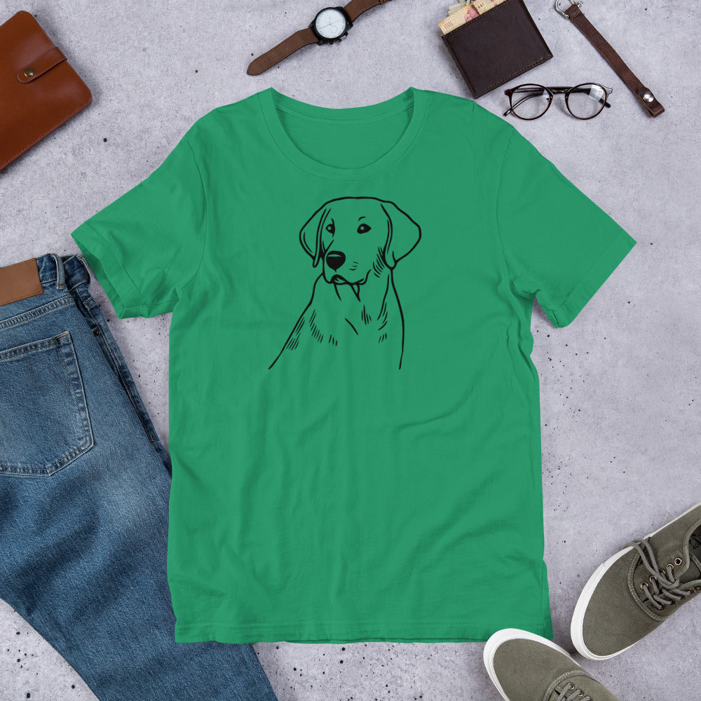 "Labrador Outline " – Fun Labrador T-Shirt Green t-shirt with a dog illustration on a concrete surface with jeans, shoes, and accessories.