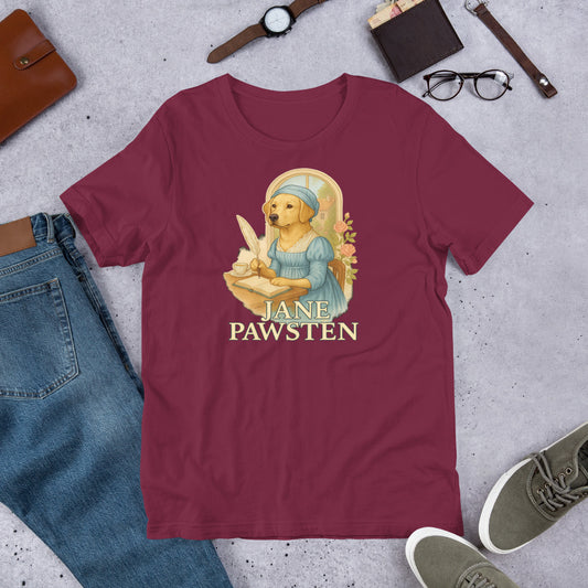 "Jane Pawsten" - Fun Labrador T-Shirt Maroon t-shirt with 'Jane Pawsten' graphic on a gray surface with jeans, shoes, and accessories.