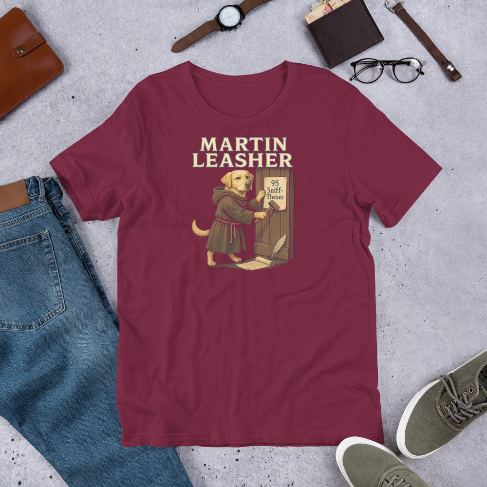 "Martin Leasher" - Fun Labrador T-Shirt Maroon t-shirt with 'Martin Leasher' graphic on a gray surface with casual items around