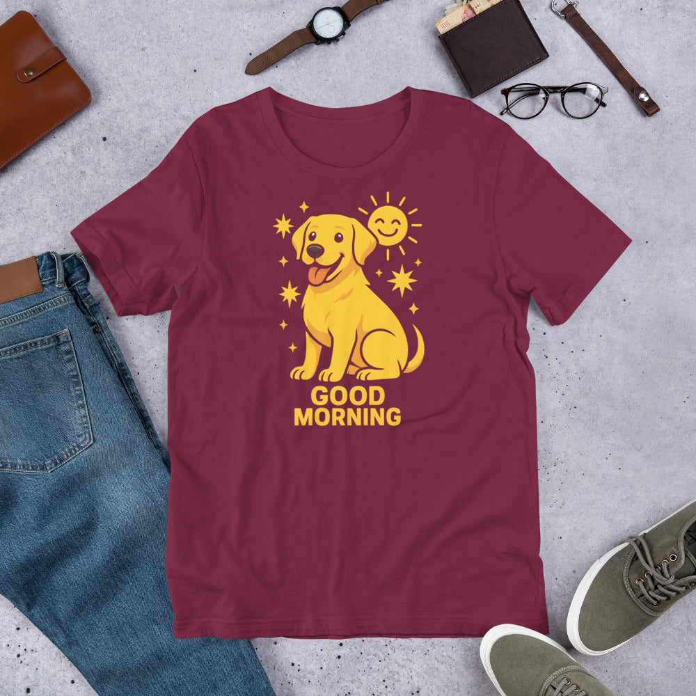 "Good Morning " – Fun Labrador T-Shirt Maroon t-shirt with yellow dog graphic and 'Good Morning' text on a gray surface with casual items.