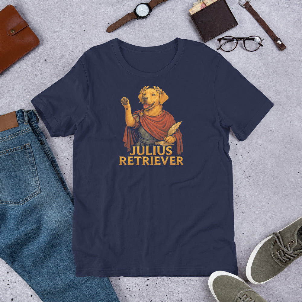 "Julius Retriever" - Funny Labrador T-Shirt Navy blue t-shirt with 'Julius Retriever' graphic on a concrete surface with jeans, shoes, and accessories.