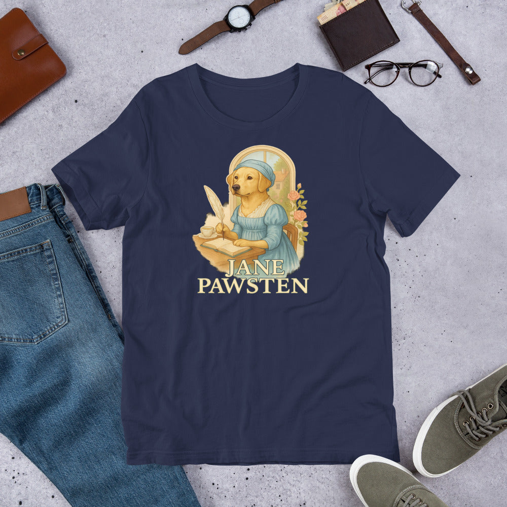 "Jane Pawsten" - Fun Labrador T-Shirt Navy blue t-shirt with 'Jane Pawsten' design on a gray surface with jeans, shoes, and accessories.