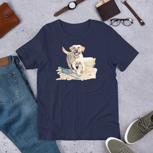"Lab On A Beach  " - Fun Labrador T-Shirt Navy blue t-shirt with a dog graphic on a concrete surface with jeans, shoes, and accessories.