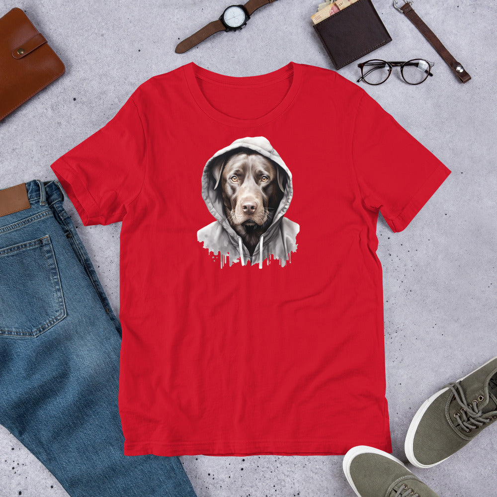 "Brown Lab in A Hoodie  " - Fun Labrador T-Shirt Red t-shirt with a dog graphic on a gray surface with jeans, shoes, and accessories.