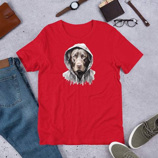 "Brown Lab in A Hoodie  " - Fun Labrador T-Shirt Red t-shirt with a dog graphic on a gray surface with jeans, shoes, and accessories.